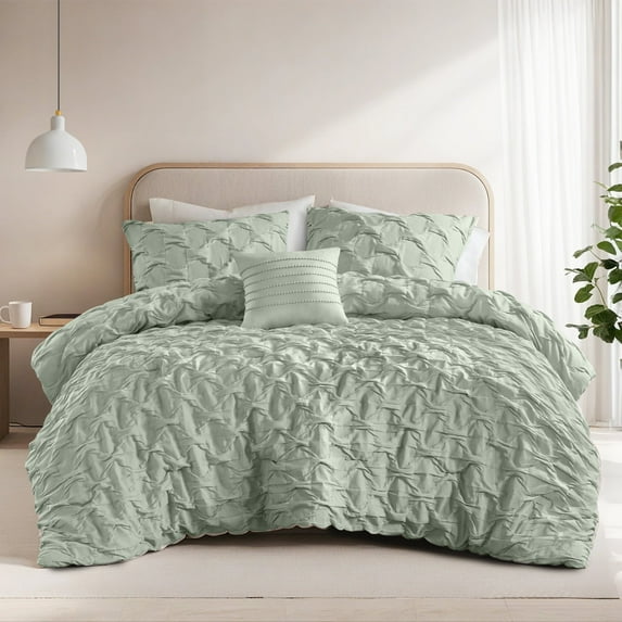 Regency Heights Full/Queen Comforter Set Green, 4 Pieces Pucker Woven Comforters Full/Queen Size, Solid Bedding Comforters Sets