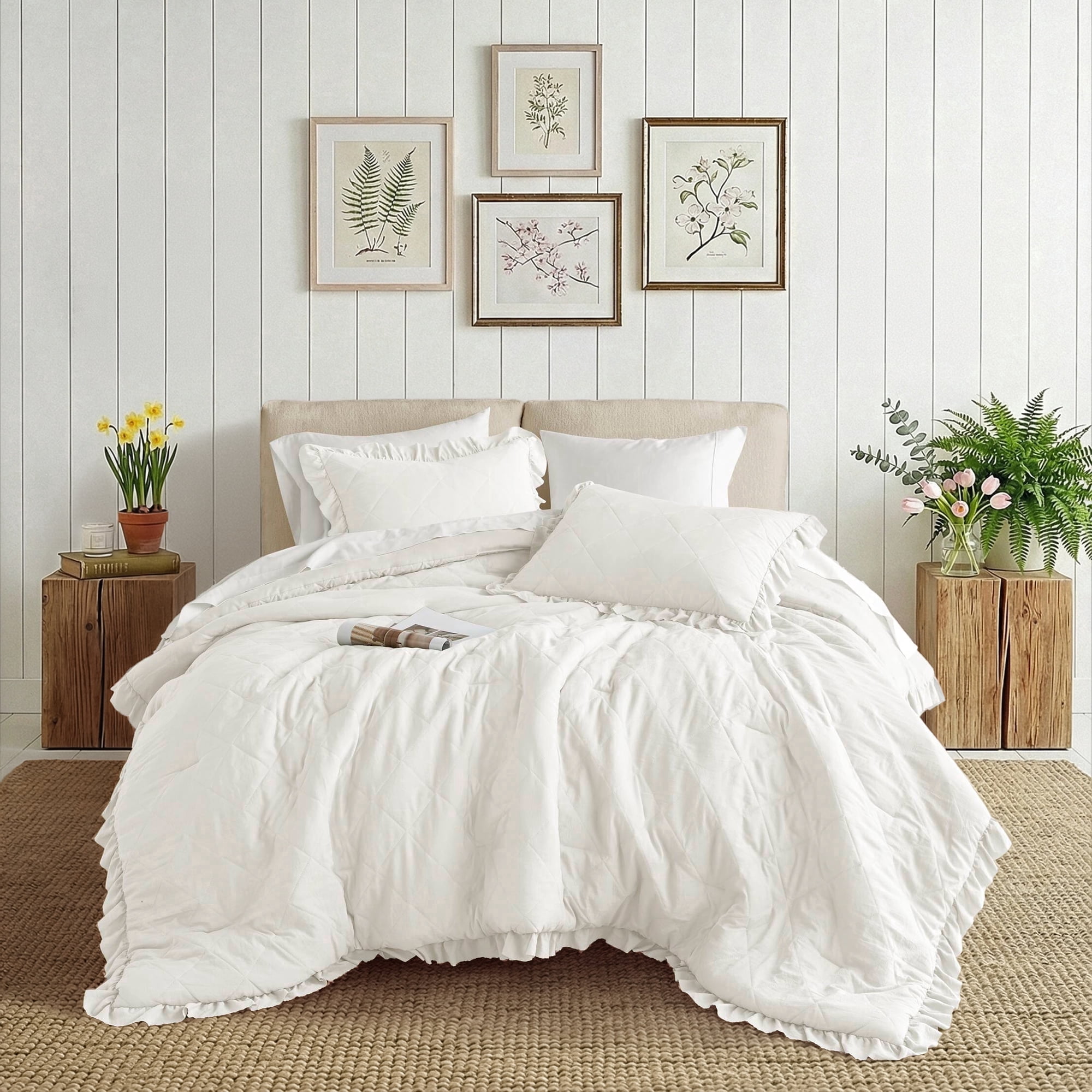 Regency Heights Full/Queen Comforter Set Ivory, 3 Pieces Quilted Ruffle Comforters Full/Queen Size, Solid Bedding Comforters Sets, Gift for Women