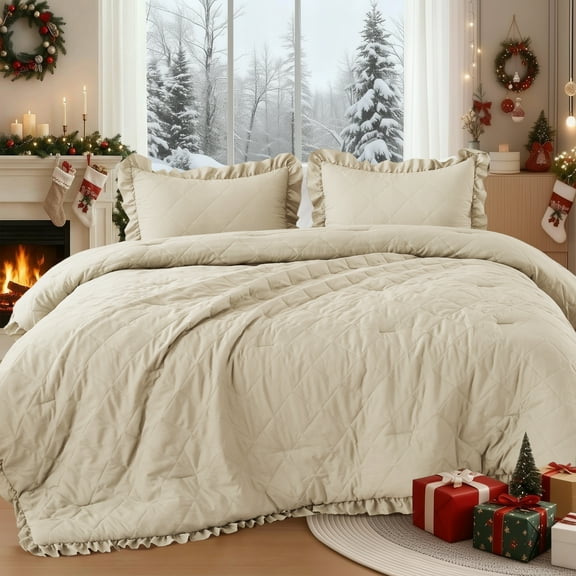Regency Heights Full/Queen Comforter Set Neutral, 3 Pieces Quilted Ruffle Comforters Full/Queen Size, Solid Bedding Comforters Sets, Gift for Women