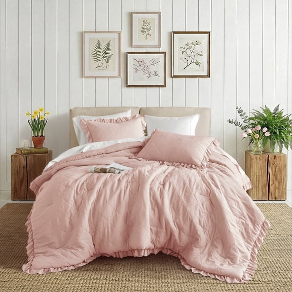 Regency Heights Full/Queen Comforter Set Pink, 3 Pieces Quilted Ruffle Comforters Full/Queen Size, Solid Bedding Comforters Sets, Gift for Women