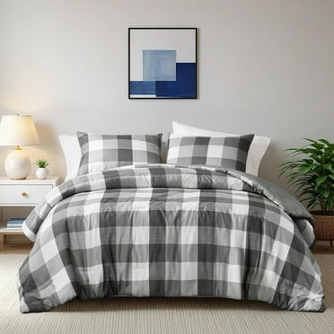 Regency Heights Queen/Full Size Comforter Set, Plaid Check, Charcoal Grey, 3-Piece