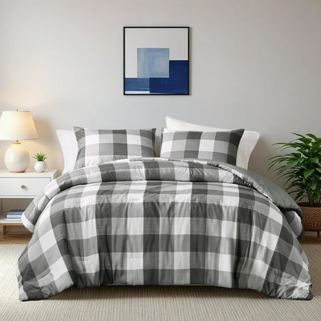 Regency Heights Queen/Full Size Comforter Set, Plaid Check, Charcoal Grey, 3-Piece