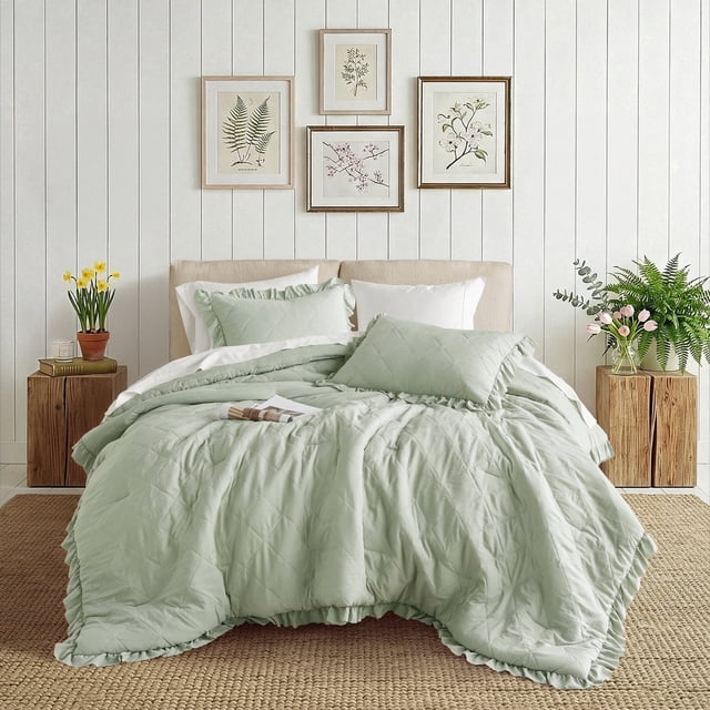 Regency Heights Full/Queen Comforter Set Sage, 3 Pieces Quilted Ruffle Comforters Full/Queen Size, Solid Bedding Comforters Sets, Gift for Women