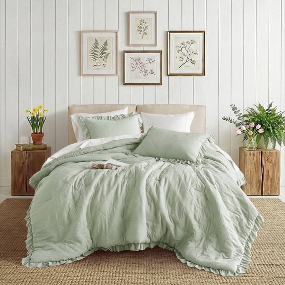 Regency Heights Full/Queen Comforter Set Sage, 3 Pieces Quilted Ruffle Comforters Full/Queen Size, Solid Bedding Comforters Sets, Gift for Women
