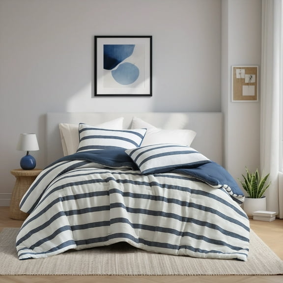 Regency Heights Full/Queen Comforter Set, Striped Texture Bedding Comforter Sets, 3 Pieces Tonal Stripes Woven Comforter with Pillow Sham, Blue