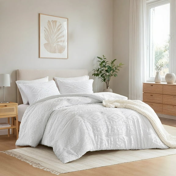 Regency Heights Full/Queen Comforter Set White, 3 Pieces Geometric Tufted Comforters Full/Queen Size, Solid Bedding Comforters Sets, Gift for Mother's Day