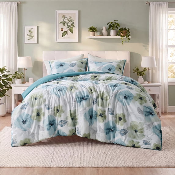 Regency Heights Full/Queen Comforter Sets, 3 Pieces Reversible Floral Bedding Sets, Cozy Botanical Flowers Seersucker Comforter Bed Set with Pillow Sham, Sage/Teal