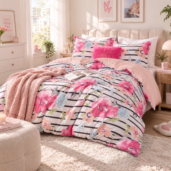 Regency Heights Full/Queen Comforter Sets, 4-Piece Floral Bedding Sets for All Season, Pink Stripped Comforter Set with Dec Pillow
