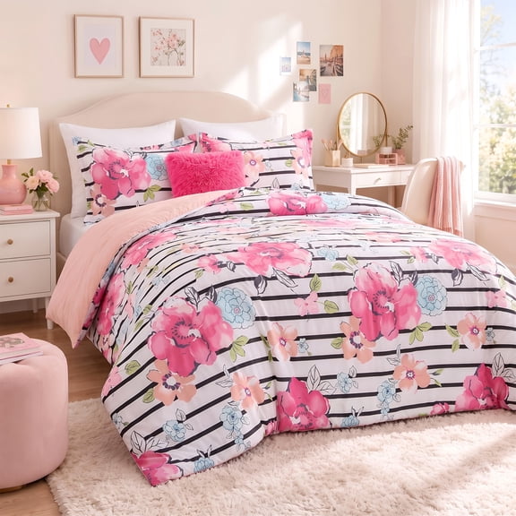 Regency Heights Full/Queen Comforter Sets, 4-Piece Floral Bedding Sets for All Season, Pink Stripped Comforter Set with Dec Pillow