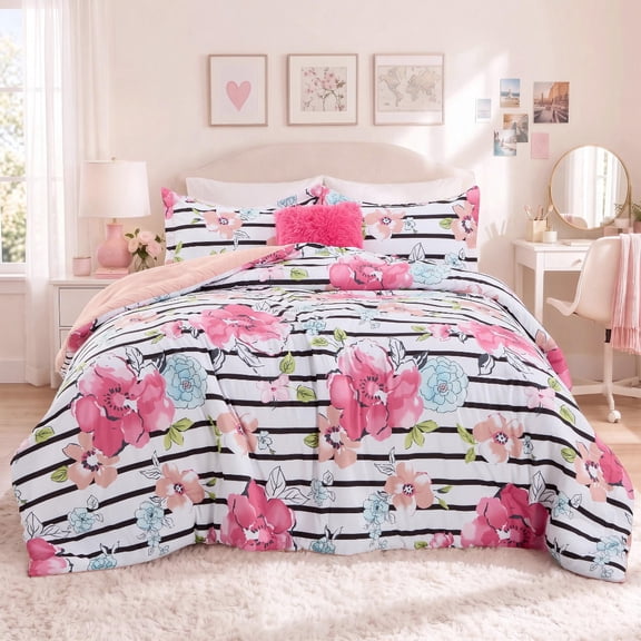 Regency Heights Full/Queen Comforter Sets, 4-Piece Floral Bedding Sets for All Season, Pink Stripped Comforter Set with Dec Pillow