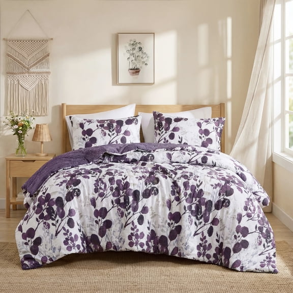 Regency Heights Full/Queen Comforter Sets, Reversible Seersucker Floral Bedding Sets, 3 Piece Lightweight Dark Plum Botanical Flowers Comforter Bed Set with Pillow Shams