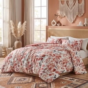 Regency Heights Full/Queen Comforter Sets, Reversible Seersucker Floral Bedding Sets, 3 Piece Lightweight Coral Botanical Flowers Comforter Bed Set with Pillow 