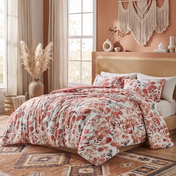 Regency Heights Full/Queen Comforter Sets, Reversible Seersucker Floral Bedding Sets, 3 Piece Lightweight Coral Botanical Flowers Comforter Bed Set with Pillow Shams