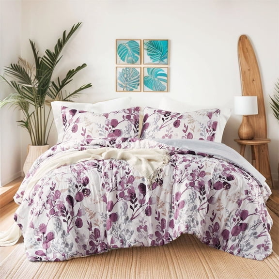 Regency Heights Full/Queen Comforter Sets, Reversible Seersucker Floral Bedding Sets, 3 Piece Lightweight Purple Botanical Flowers Comforter Bed Set with Pillow Shams