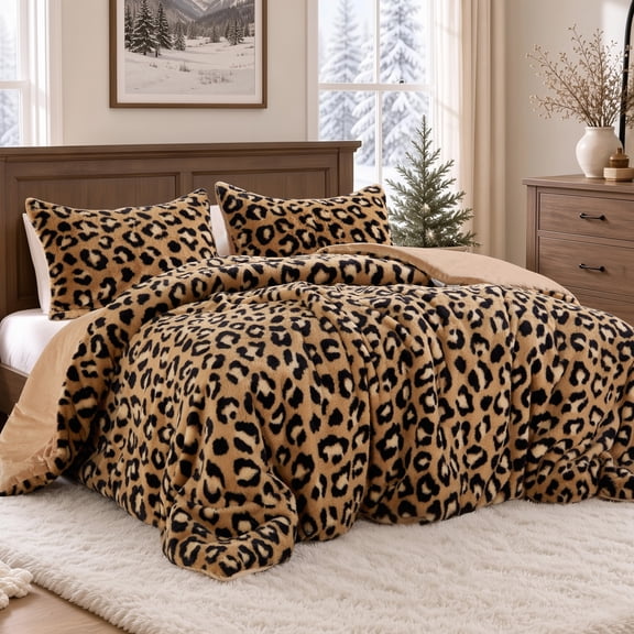 Regency Heights Full/Queen Faux Fur Comforter Set - 3-Piece Reversible Brown Leopard Print Bedding, Plush Velvet Reverse, Animal Print Luxury Decor