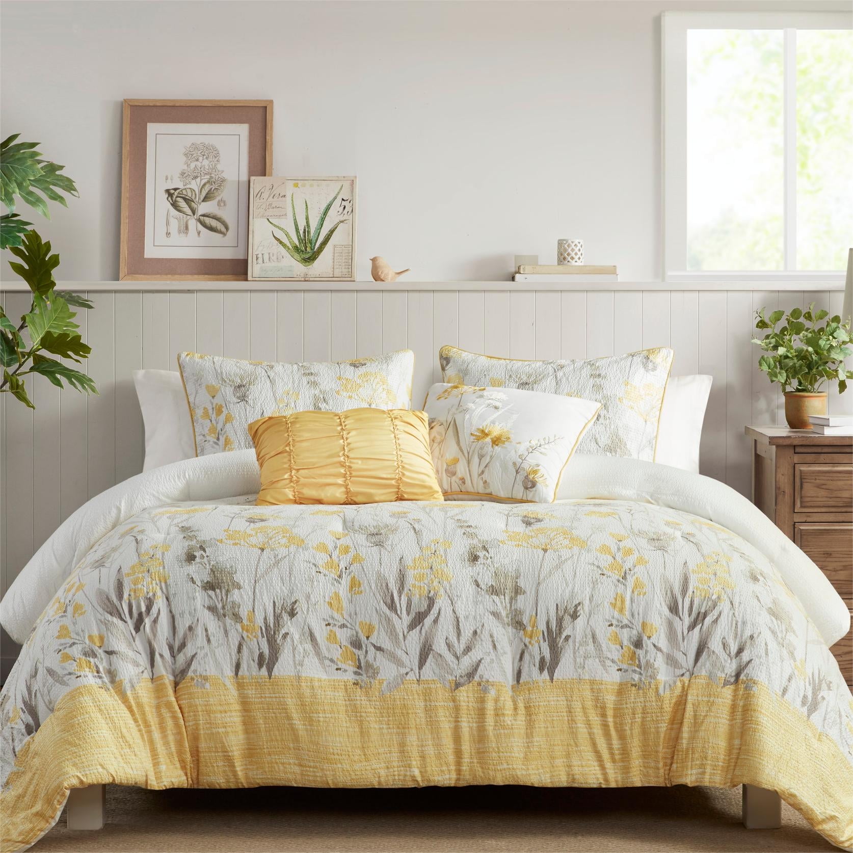 Regency Heights Full Queen Floral Seersucker Comforter Set 5 Piece with Embroidered Pillows Yellow Walmart