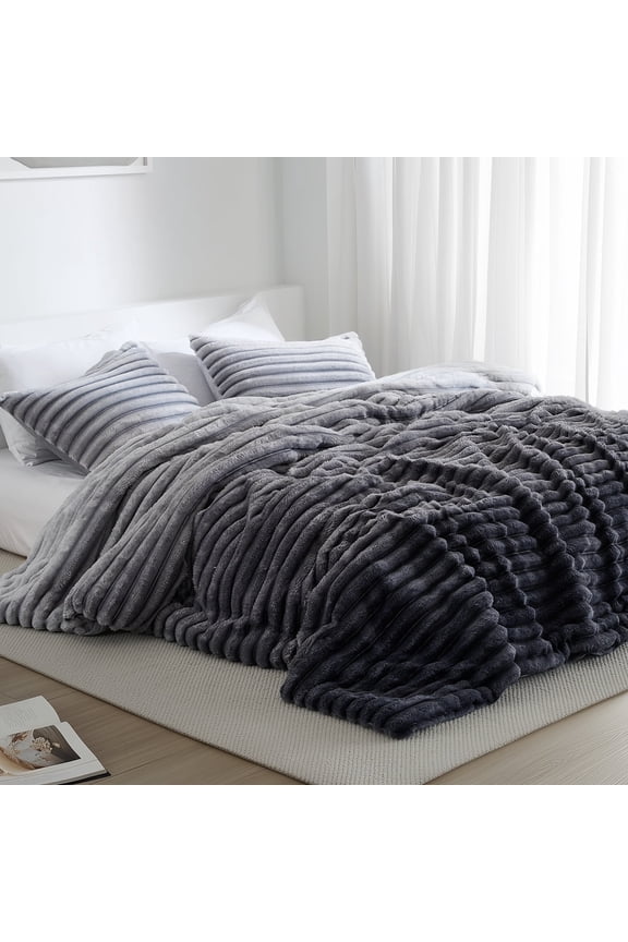 Full/Queen Size Comforter Set, Fluffy Ribbed Plush Comforter Set, 3-Piece Bedding Set, Grey Ombre