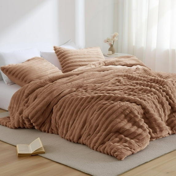 Regency Heights Full/Queen Size Comforter Set, Fluffy Ribbed Plush Comforter Set, 3-Piece Bedding Set, Brown