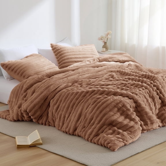 Regency Heights Full/Queen Size Comforter Set, Fluffy Ribbed Plush Comforter Set, 3-Piece Bedding Set, Brown