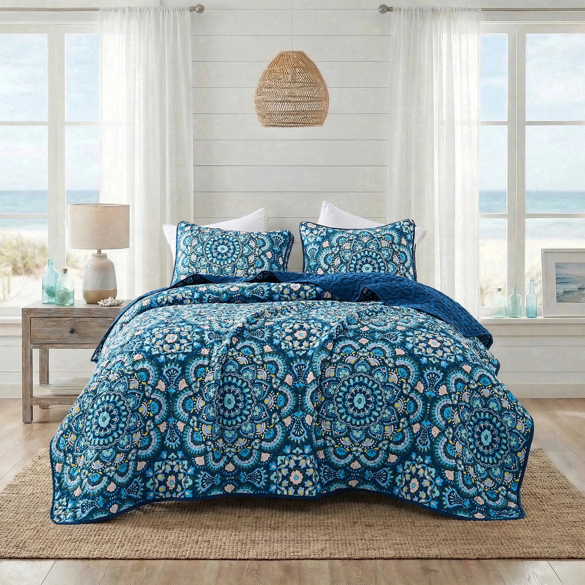 Regency Heights Full/Queen Quilt Set, 3-Piece Reversible Bedspread Coverlet Set, Navy Blue Quilted Bedding Set with Shams for All Season