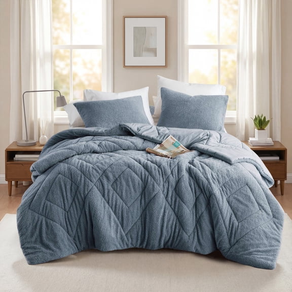 Regency Heights Full/Queen Quilted Plush Comforter Set, 3-Piece Reversible Feather-Soft Bedding Sets, Textured Sherpa Comforter Bed Set for All Season, Blue