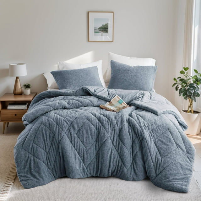 Regency Heights Full/Queen Quilted Fluffy Comforter Set, 3-Piece Double Diamond Quilted Spring Bedding Sets, Textured Cozy Comforter Bed Set with with Pillow Shams, Blue