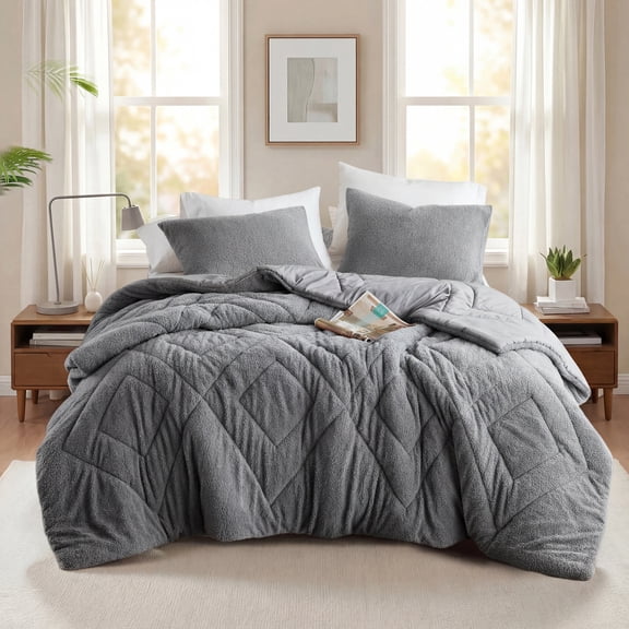 Regency Heights Full/Queen Quilted Plush Comforter Set, 3-Piece Reversible Feather-Soft Bedding Sets, Textured Sherpa Comforter Bed Set for All Season, Gray