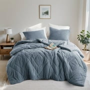 Regency Heights Full/Queen Quilted Fluffy Comforter Set, 3-Piece Double Diamond Quilted Bedding Sets, Textured Cozy Comforter Bed Set with Pillow Shams, Blue