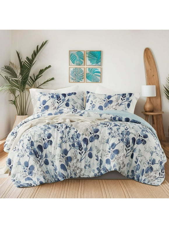 Regency Heights Full/Queen Reversible Seersucker Floral Comforter Sets 3 Piece Lightweight Navy/Blue Botanical Flowers Bedding Sets with Pillow Shams