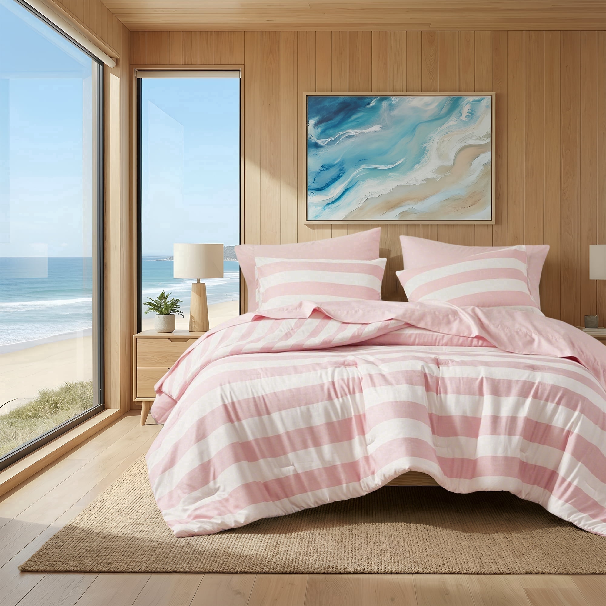Regency Heights Essential Full/Queen Size Comforter Sets, 3-Piece Bedding Set Full/Queen, Reversible Striped Comforter Bed Set, Blush