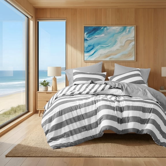 Regency Heights Essential Full/Queen Size Comforter Sets, 3-Piece Bedding Set Full/Queen, Reversible Striped Comforter Bed Set, Charcoal