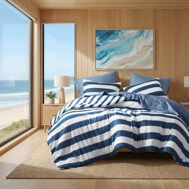 Regency Heights Essential Full/Queen Size Comforter Sets, 3-Piece Bedding Set Full/Queen, Reversible Striped Comforter Bed Set, Navy