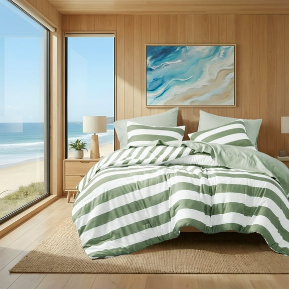 Regency Heights Full/Queen Size Comforter Sets, 3-Piece Bedding Set Full/Queen, Reversible Striped Comforter Bed Set, Sage