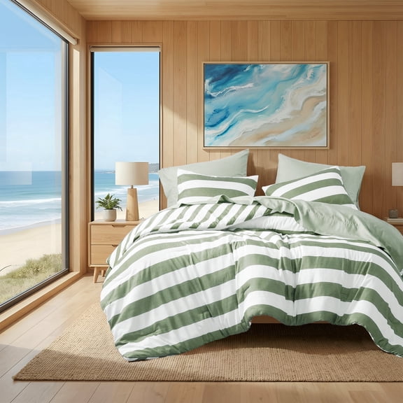 Regency Heights Essential Full/Queen Size Comforter Sets, 3-Piece Bedding Set Full/Queen, Reversible Striped Comforter Bed Set, Sage