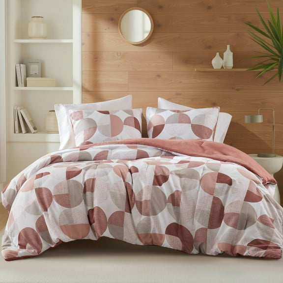 Regency Heights Full/Queen Size Comforter Set, Terracotta Bedding Set for All Seasons, 3-Piece Round Geometric Print Bedding Comforter Set