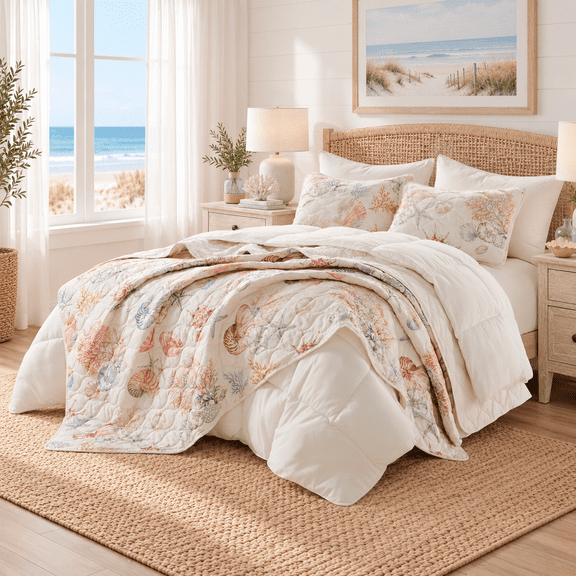 Regency Heights Full/Queen Coastal Quilt Set, 3-Piece Lightweight Beach Themed Quilt Coverlet Bedding Set, Nautical Bedspread Coverlet Bed Set with Shams for All Season, Beige