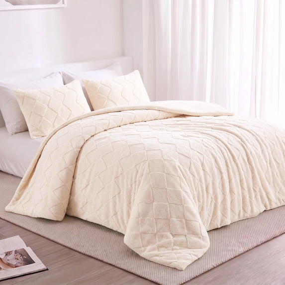 Regency Heights Full/Queen Size Comforter Set - 3-Piece Ivory Jacquard Sherpa Diamond Bedding with Plush Solid Reverse, Ultra Soft & Warm Fluffy Fleece Bed Set, Machine Washable for All Seasons