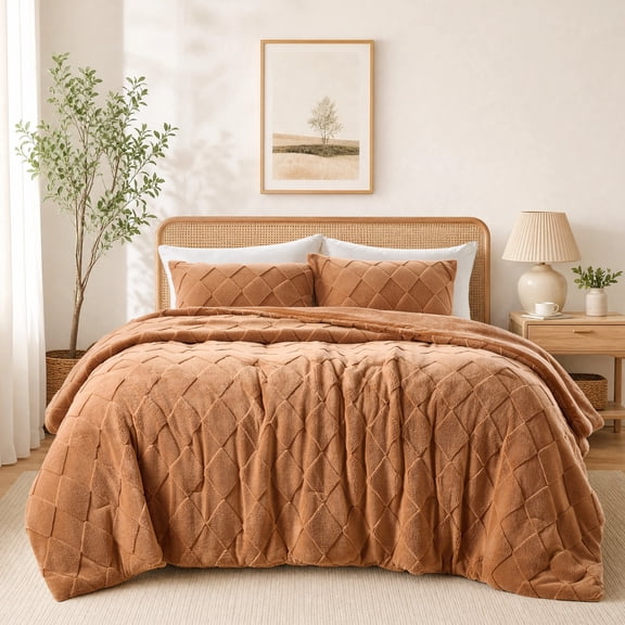 Regency Heights Full/Queen Size Comforter Set - 3-Piece Tan Jacquard Sherpa Diamond Bedding with Plush Solid Reverse, Ultra Soft & Warm Fluffy Fleece Bed Set, Machine Washable for All Seasons