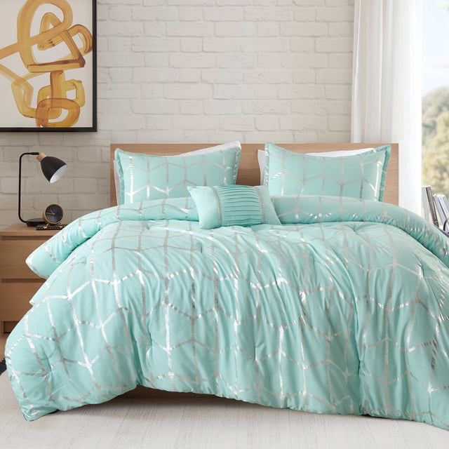 Regency Heights Full/Queen Size Comforter Set, 4-Piece Bedding Set for All Seasons, Geometric Metallic Comforter Bed Set with Decor Pillows,Aqua/Silver