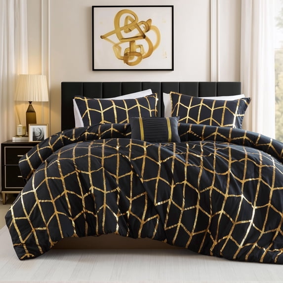 Regency Heights Full/Queen Size Comforter Set, 4-Piece Bedding Set for All Seasons, Geometric Metallic Comforter Bed Set with Decor Pillows,Black/Gold