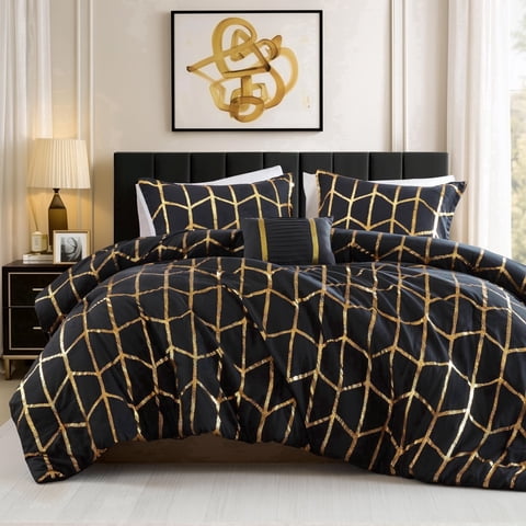 Regency Heights Full/Queen Size Comforter Set, 4-Piece Bedding Set for All Seasons, Geometric Metallic Bed Set with Decor Pillows,Black/Gold