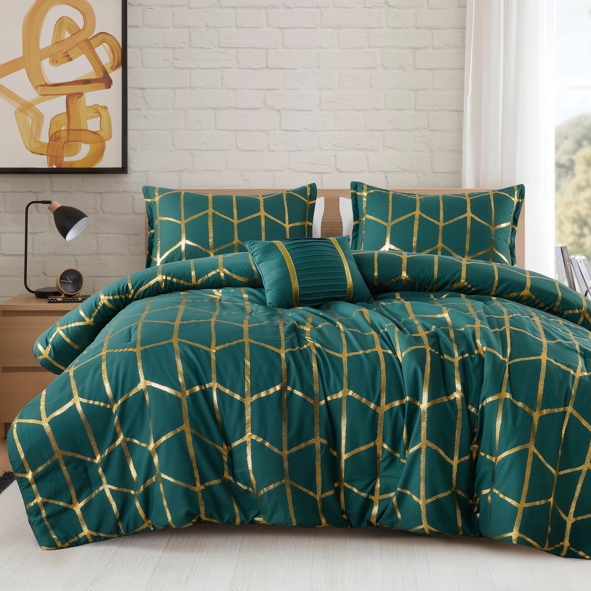 Regency Heights Full/Queen Size Comforter Set, 4-Piece Bedding Set for All Seasons, Geometric Metallic Comforter Bed Set with Decor Pillows,Green/Gold