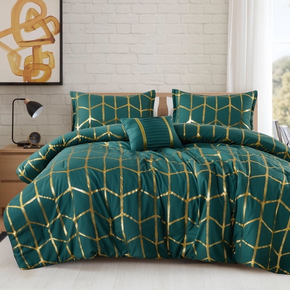 Regency Heights Full/Queen Size Comforter Set, 4-Piece Bedding Set for All Seasons, Geometric Metallic Comforter Bed Set with Decor Pillows,Green/Gold