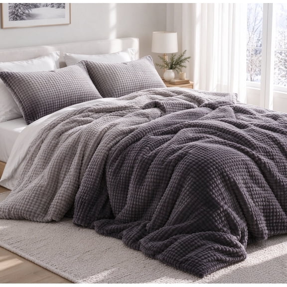 Regency Heights Plush Comforter Set, Full/Queen 3-Piece Fluffy Bubble Plush Bedding Set with Smooth Faux Mink Reverse, Reversible Comforter with 2 Shams, Gray Ombre