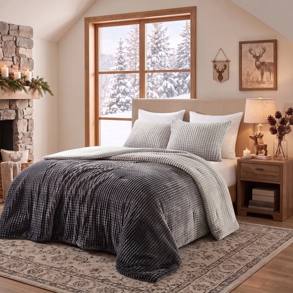 Regency Heights Plush Comforter Set, Full/Queen 3-Piece Fluffy Bubble Plush Bedding Set with Smooth Faux Mink Reverse, Reversible Comforter with 2 Shams, Gray Ombre