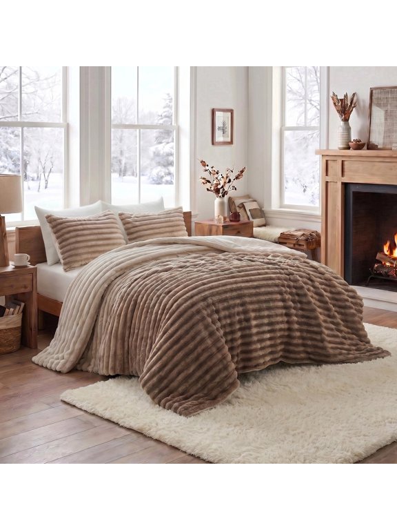 Full/Queen Size Comforter Set, Fluffy Ribbed Plush Comforter Set, 3-Piece Bedding Set, Brown Ombre
