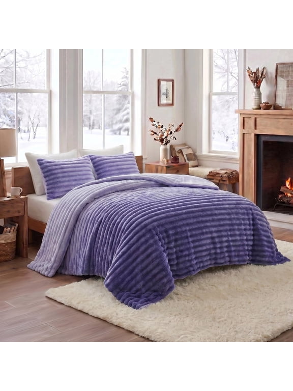 Full/Queen Size Comforter Set, Fluffy Ribbed Plush Comforter Set, 3-Piece Bedding Set, Purple Ombre