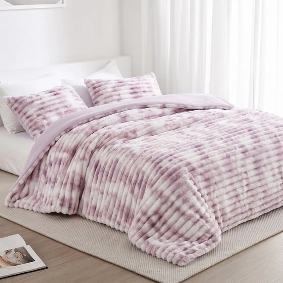 Regency Heights Full/Queen Size Comforter Set, Fluffy Ribbed Plush Comforter Set, 3-Piece Bedding Set, Purple Tie Dye