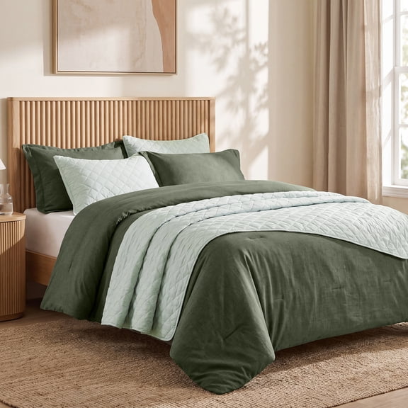 Regency Heights Full/Queen Size Comforter Set with Quilt, 6-Piece Bed in a Bag Comforter and Quilt Coverlet Bedding Bundle, Olive Green Comforter Set with Quilted Bedspread with Shams for All Season
