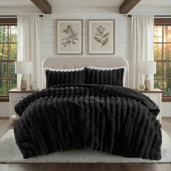 Regency Heights Full/Queen Size Comforter Sets, Black Fluffy Ribbed Plush Bedding Set, 3-Piece Faux Fur Ribbed Bedding Comforter Set